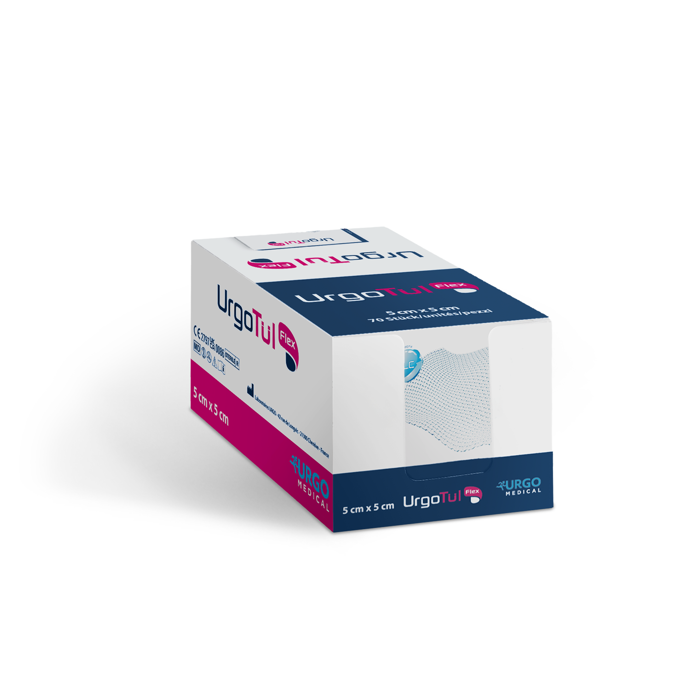 UrgoTül Flex elastische Gazewundauflagen 5 x 5 cm Spender (70 Stck.)